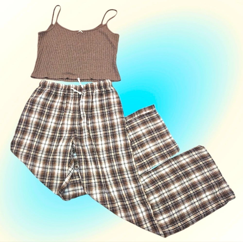 Brandy Melville Brown Ribbed Tank and Plaid Pajama Pants Set